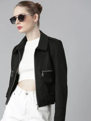 Women Black Suede Tailored Jacket