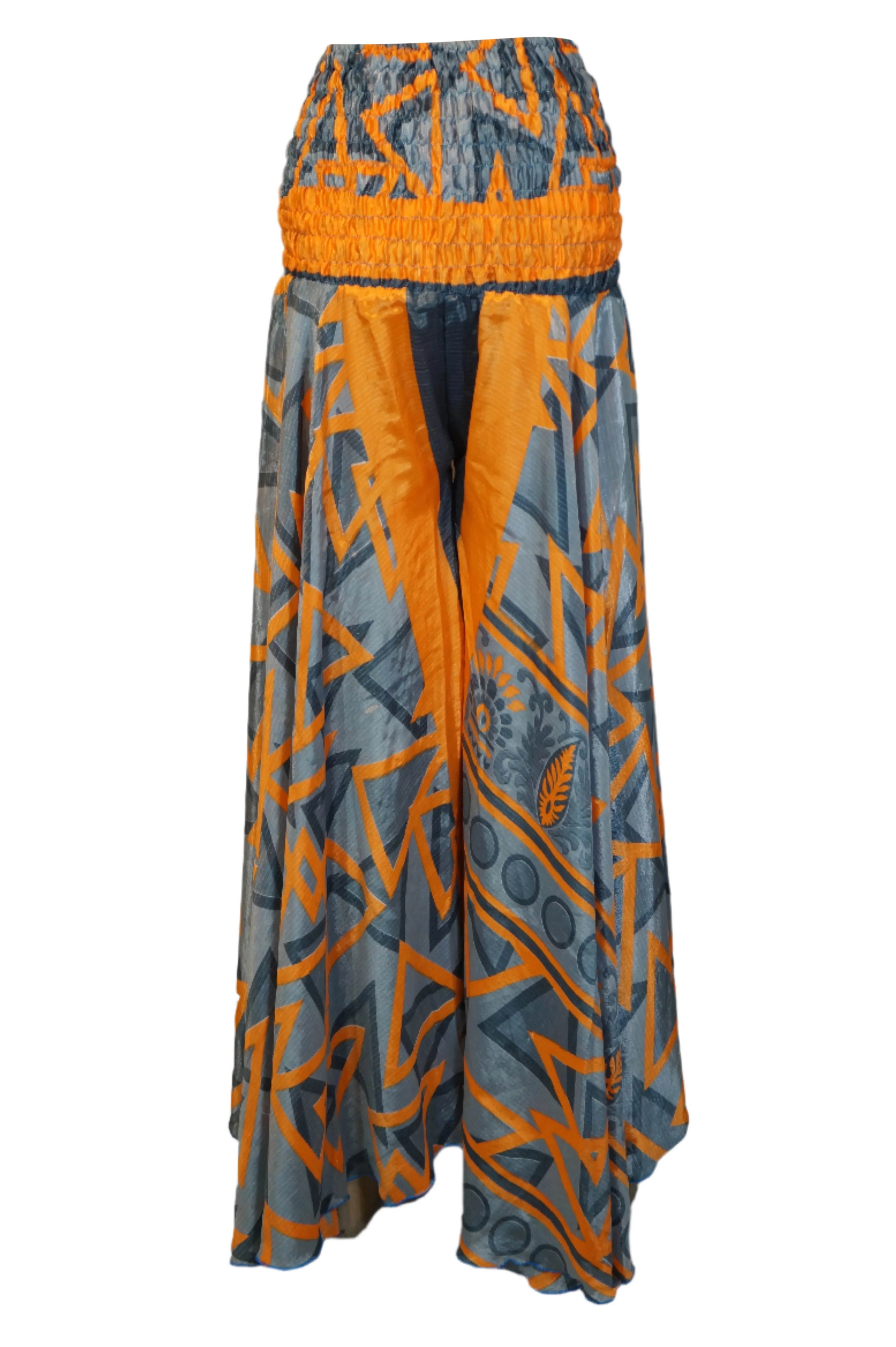 Women's Gray and Orange Boho Palazzo – Handmade Flowy Wide-Leg Pants SM