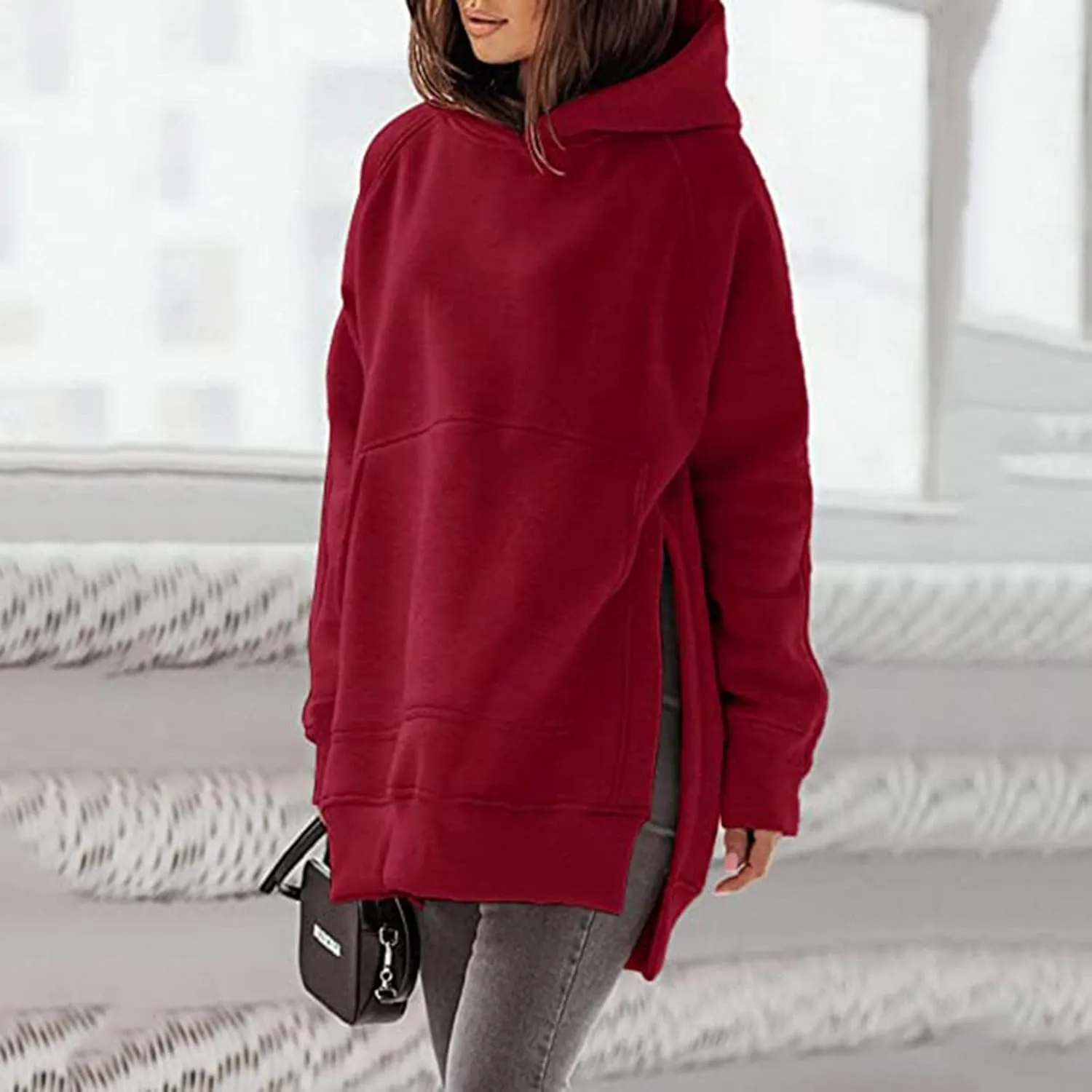 Womens Hoodies Oversized Soild Long Sleeve Pullover Hooded Sweatshirt Casual Loose Outfits 2024 Fall Clothes
