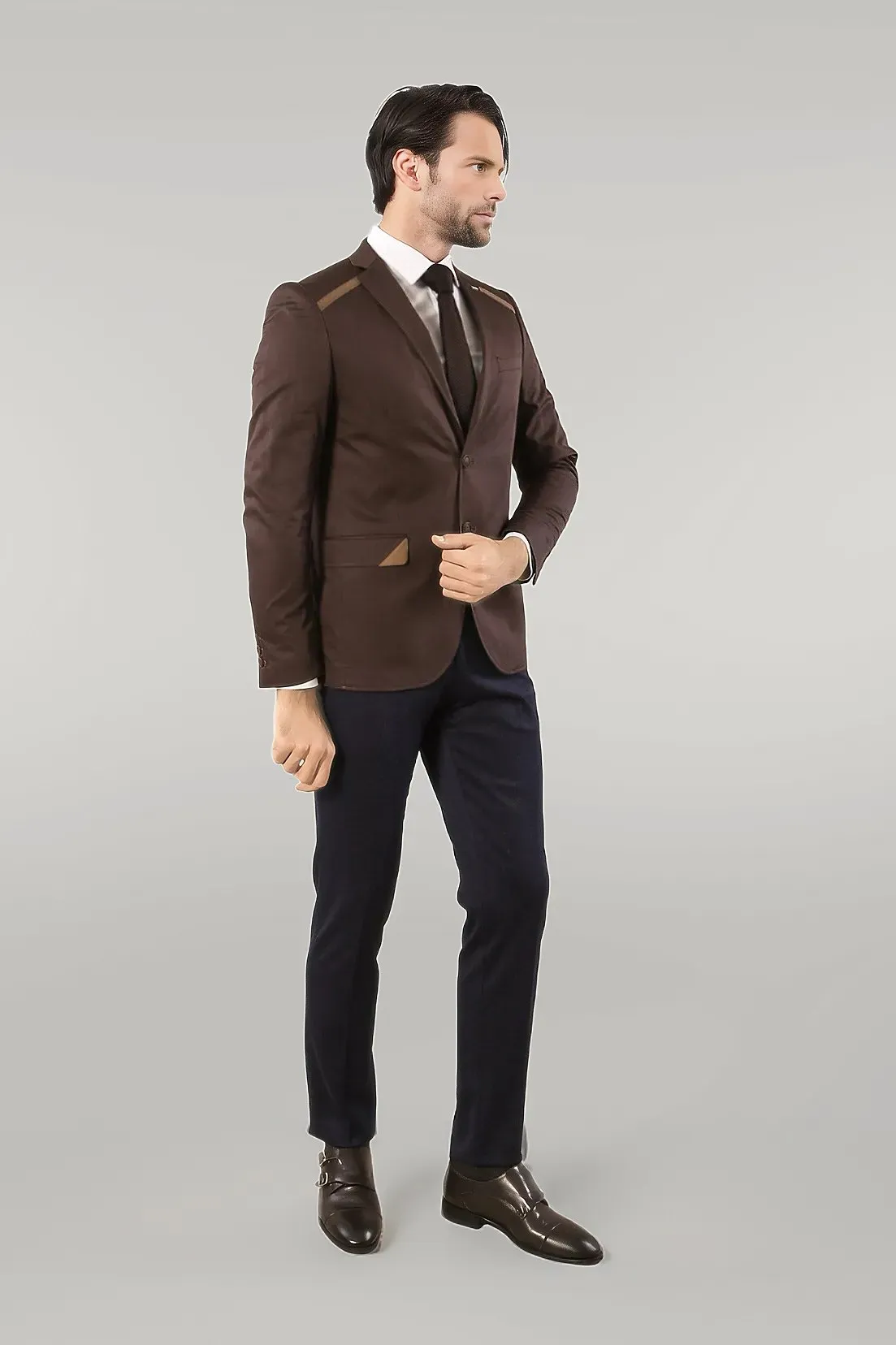 WSS Double Buttons Mono Lapel Shoulder Piece Brown Jacket- - Singen