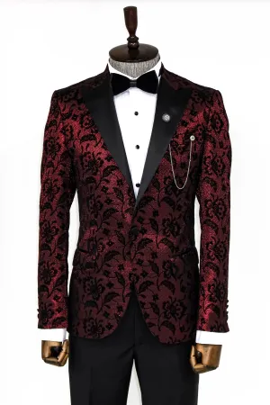 WSS Floral Patterned Peak Lapel Burgundy Men Prom Blazer  - Singen